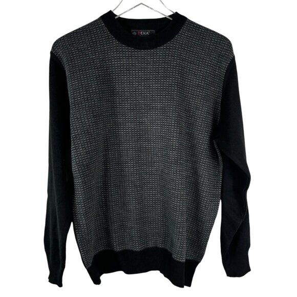 Deka men’s sweater M gray black check print retro Klingon check crew neck office - Picture 5 of 12